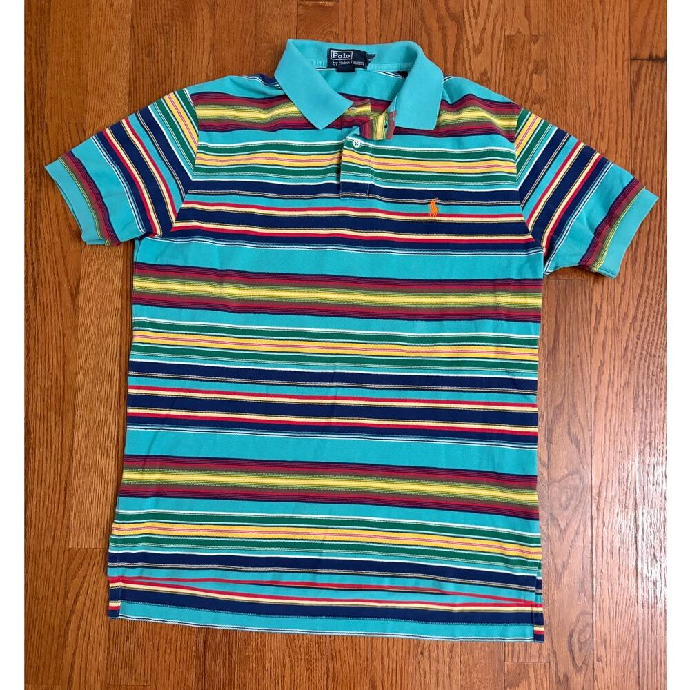 Polo Ralph Lauren Mens Large Turquoise Multi Color Striped Short Polo Shirt